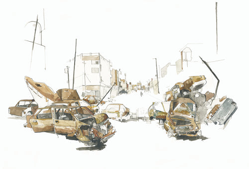Burnt out cars in West Mosul, Iraq, Print